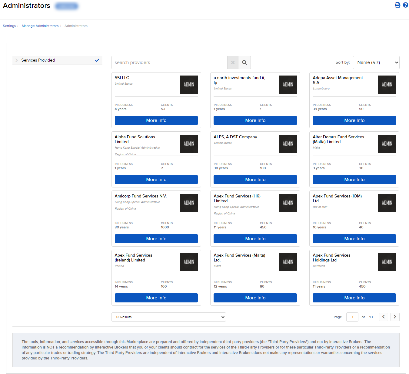 The administrator marketplace panel in client portal. 